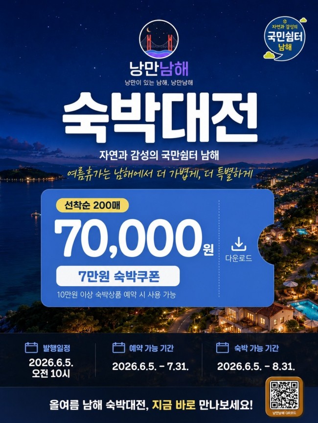 남해여행, 숙박비 부담 줄이고 쉼은 크게…낭만남해 숙박대전 7만 원 할인쿠폰 제공